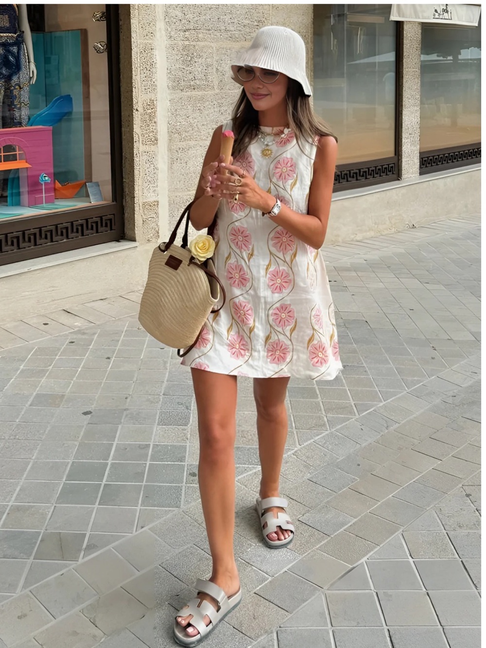Commense White Mini Dress with Pink Floral Motif - Picture 3 of 8